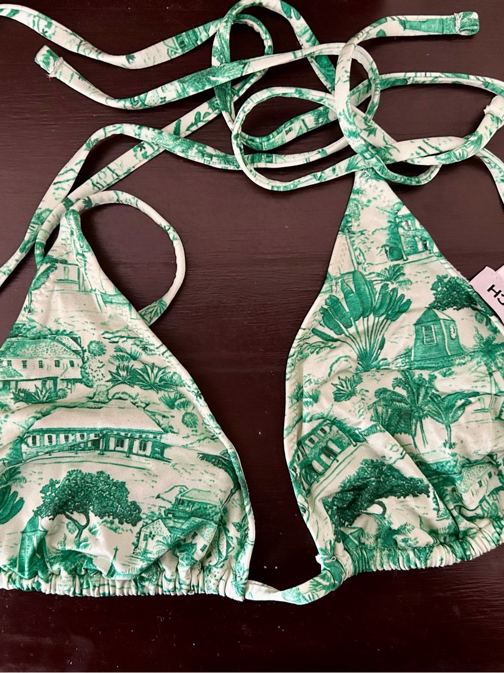 Green Toile Print Triangle Bikini Top -  Women's Swim